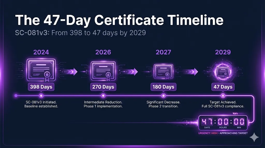 The 47-Day Certificate Timeline - SC-081v3 phased reduction from 398 to 47 days by 2029