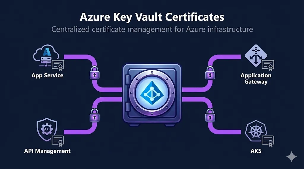 Azure Key Vault Certificates - Centralized certificate management connecting to App Service, Application Gateway, API Management, and AKS