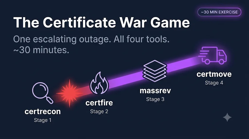The Certificate War Game — a four-stage escalation timeline from certrecon to certfire to massrev to certmove