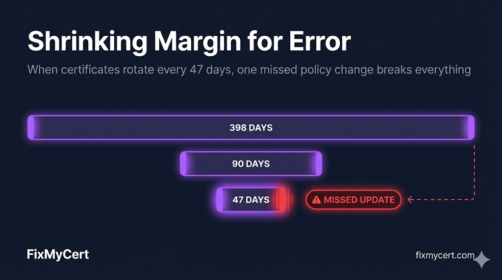 Shrinking margin for error — when certificates rotate every 47 days, one missed policy change breaks everything. Visual comparison of 398-day, 90-day, and 47-day certificate lifecycles