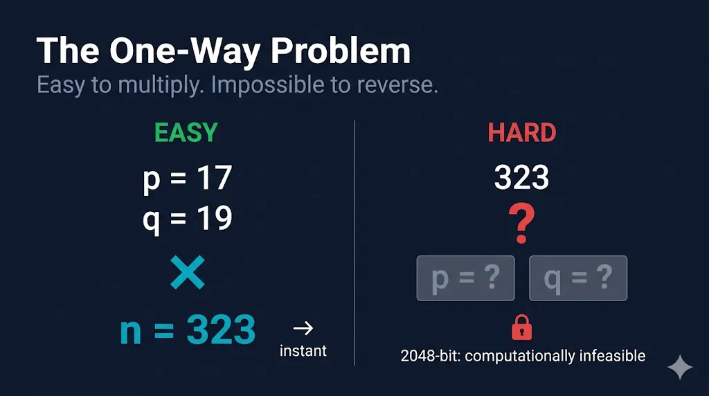 The one-way problem: multiplying primes is easy, factoring the product is computationally infeasible